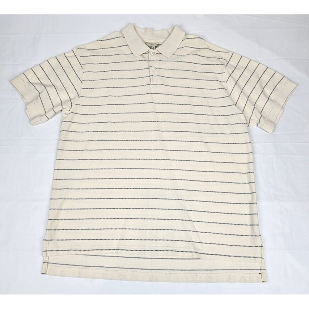 LL‎ Bean Polo Shirt Tan & Navy Striped. Men's Size XL.
